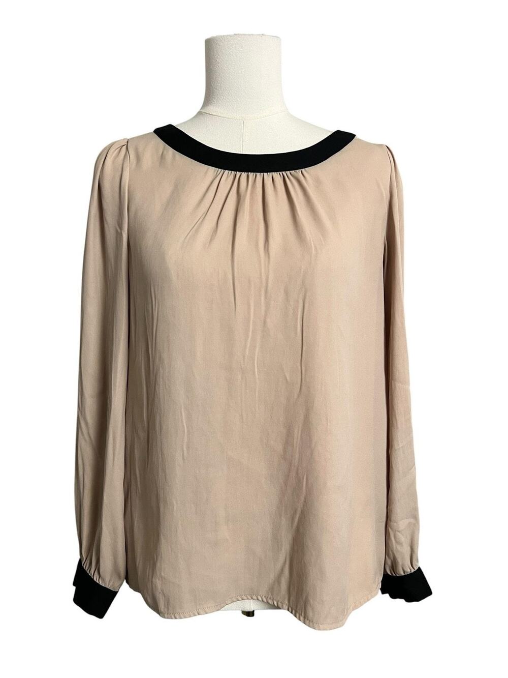 LOFT Blouse Womens Small Beige Contrast Trim Bow Back Long Sleeve Top Office
